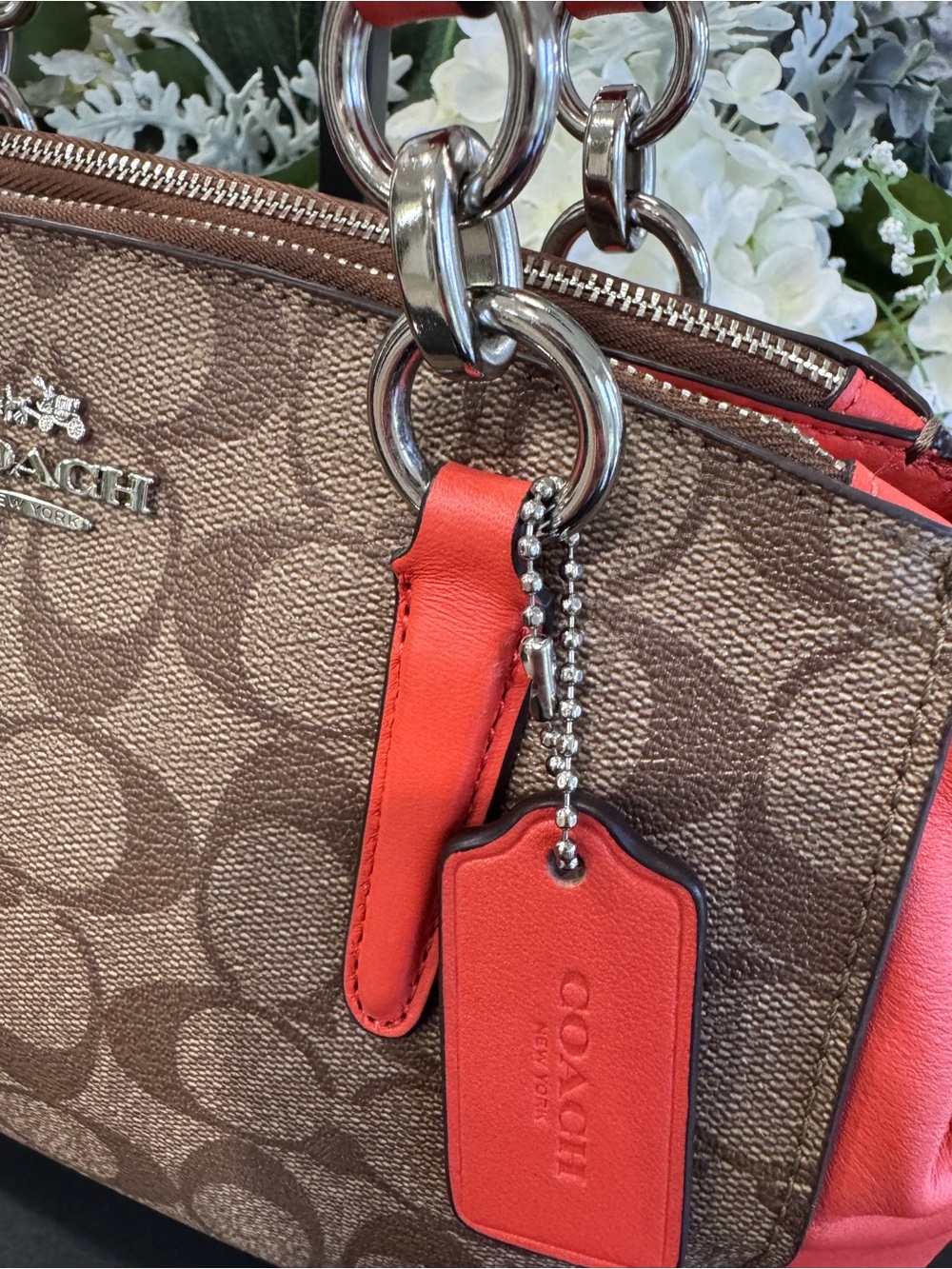 🤎COACH Mini Christie Carryall Signature Coated Canvas Khaki Coral Orange - Picture 3 of 16